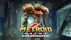 Samus stands in the official Metroid Prime Remastered key art with the logo above her in a space station hallway.