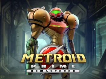 Samus stands in the official Metroid Prime Remastered key art with the logo above her in a space station hallway.