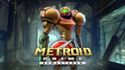 Samus stands in the official Metroid Prime Remastered key art with the logo above her in a space station hallway.