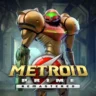 Samus stands in the official Metroid Prime Remastered key art with the logo above her in a space station hallway.