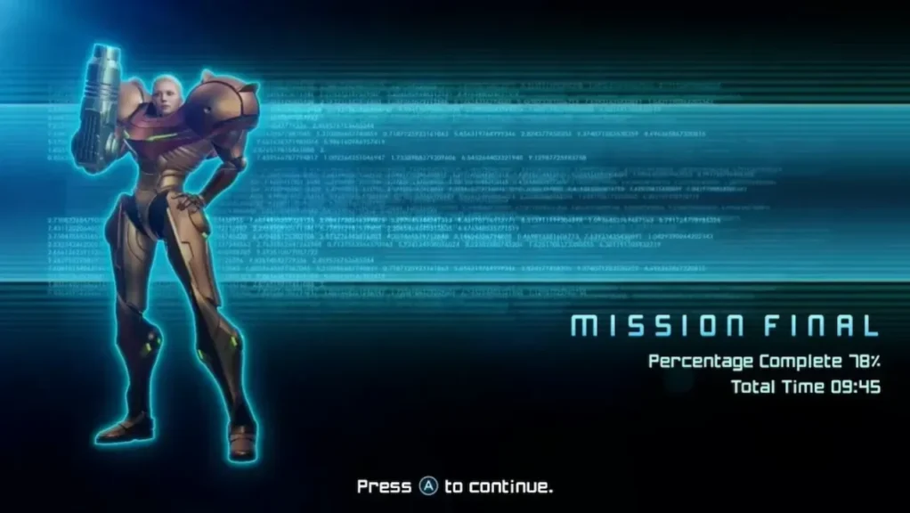 Clear screen showing Samus without her helmet and the text “Mission Final” with 78 percent complete and a 09:45 time on a neon aquamarine background.