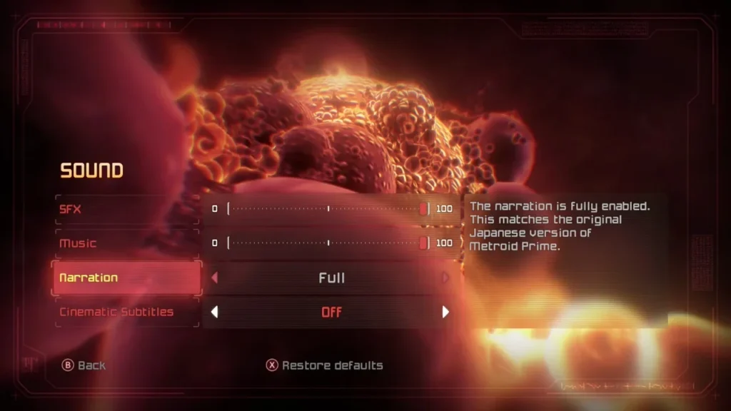 Hear the story your way.
Screenshot of the sound options menu with Narration highlighted in Metroid Prime Remastered.