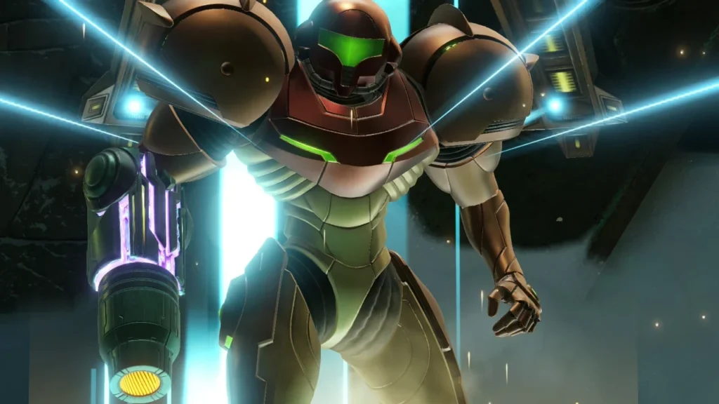 Samus in a save room being healed by blue lasers in Metroid Prime Remastered.