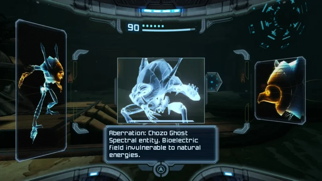 Scan visor view showing on-screen data for a Chozo Ghost in Metroid Prime Remastered.