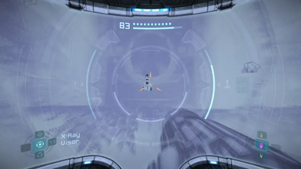 X-Ray Visor view showing a hidden missile expansion visible through a tree in Metroid Prime Remastered.
