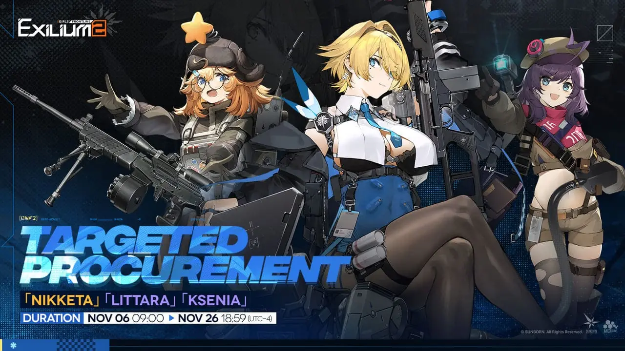 The official Nikketa, Littara, and Ksenia rerun recruitment banner featured in our Lind GFL2 guide.