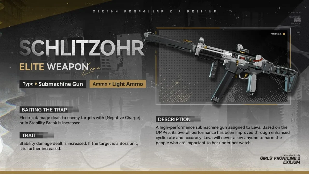 Leva’s signature weapon Schlitzohr data sheet and stability damage stats from the Leva and Lenna GFL2 guide.