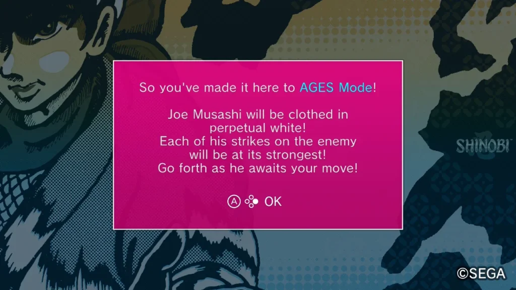 SEGA AGES: Shinobi tooltip explaining AGES Mode, showing Joe Musashi in white and describing maximum attack power.