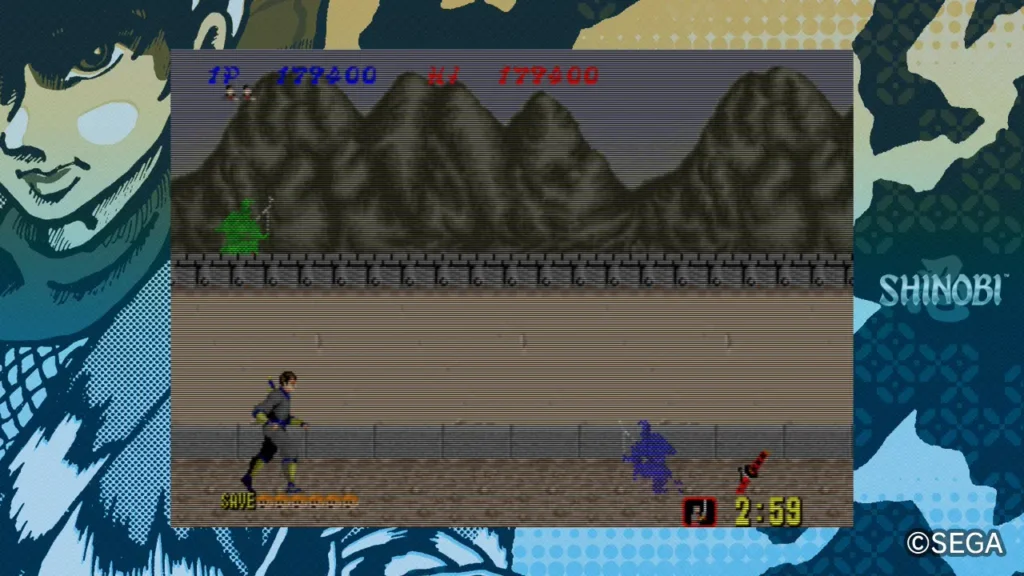 SEGA AGES: Shinobi screenshot showing Joe Musashi standing over a defeated blue ninja with the scanline filter enabled.
