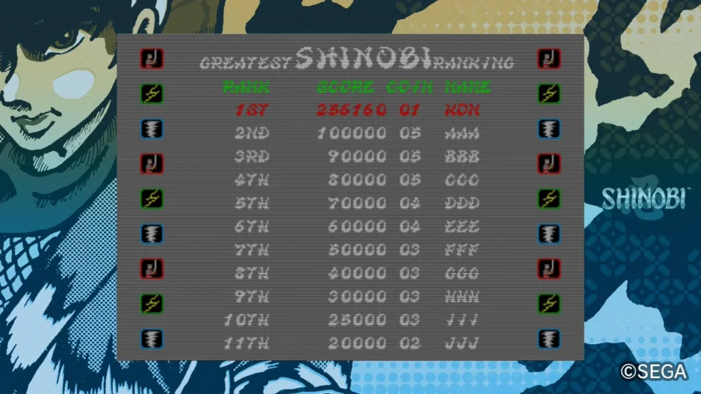 SEGA AGES: Shinobi clear screen showing player high score and completion results.