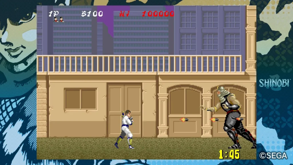 SEGA AGES: Shinobi screenshot showing Joe Musashi throwing shurikens at the Stage 1 boss resembling a giant armored warrior.