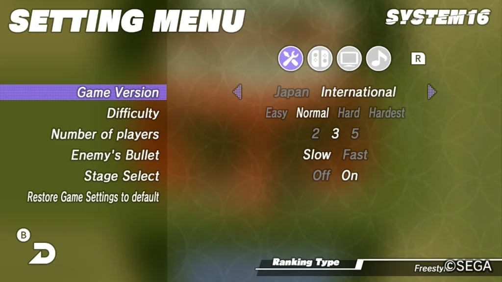SEGA AGES: Shinobi settings screen showing difficulty options, game versions (Japan or International), player count, enemy bullet speed, and stage select toggle.
