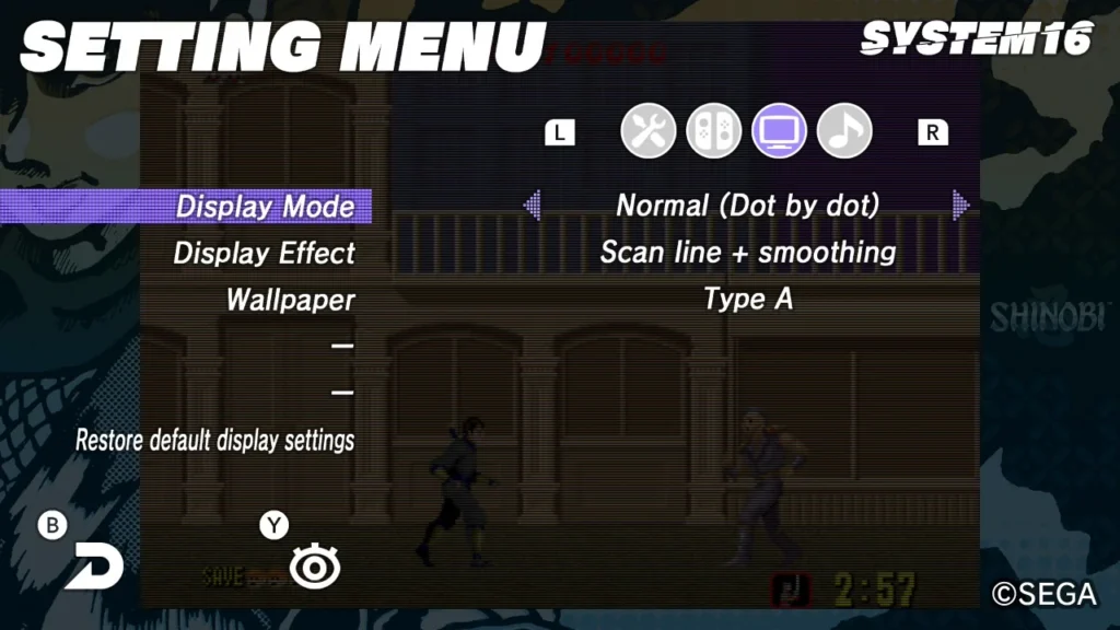 SEGA AGES: Shinobi image options screen showing display modes, visual effects, and wallpaper settings with Normal (dot by dot) and scanlines + smoothing active.