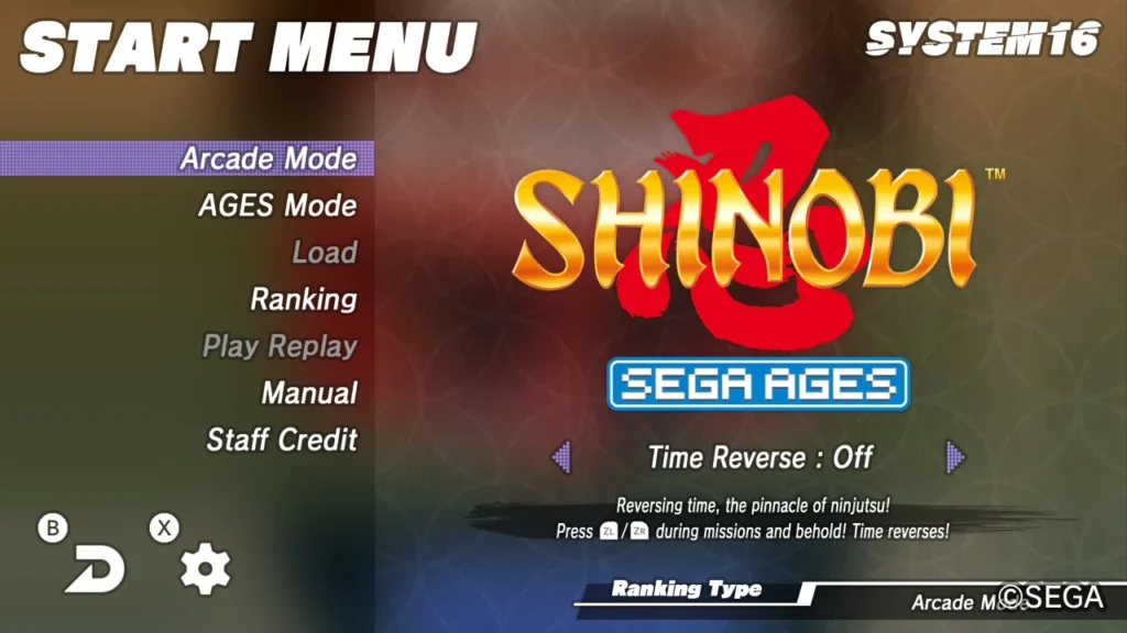 SEGA AGES: Shinobi start menu showing available modes and options with time reverse turned off.