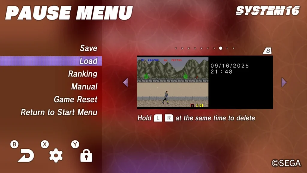 SEGA AGES: Shinobi save states screen showing options to save, load, and delete by holding L+R.