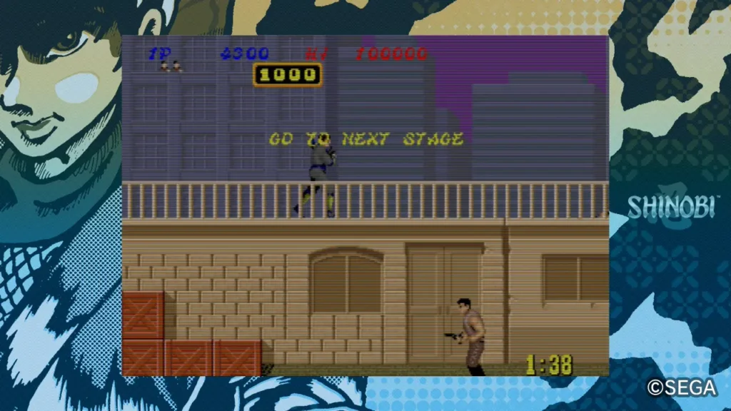 SEGA AGES: Shinobi screenshot showing Joe Musashi in the background with an enemy in the foreground and the “Go to Next Stage” prompt on screen.