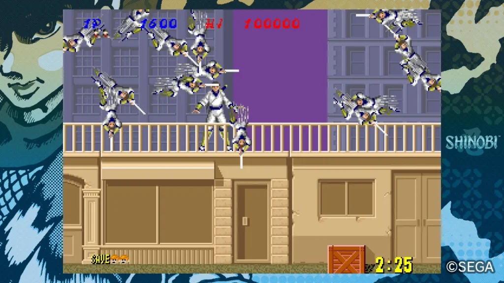 SEGA AGES: Shinobi screenshot showing Joe Musashi using his Super Attack, creating multiple shadow copies striking across the screen.