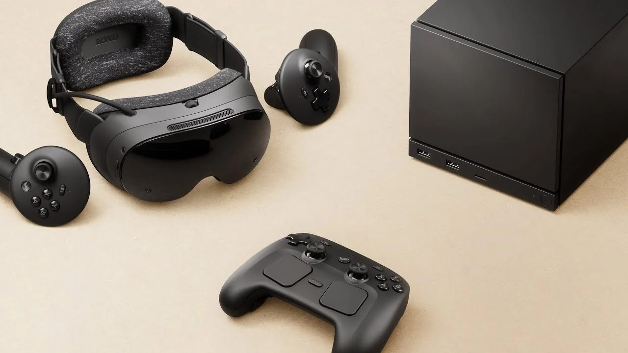 Valve's new Steam Hardware lineup for 2026: The Steam Frame VR headset, the cube-shaped Steam Machine console, and the updated Steam Controller.