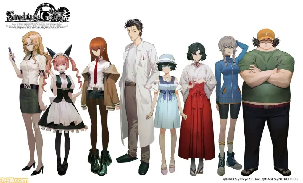 Steins;Gate ReBoot full character line-up artwork. Featured characters include Kurisu Makise, Faris NyanNyan, Mayuri Shiina, Rintaro Okabe, Suzuha Amane, and Itaru Hashida (Daru).