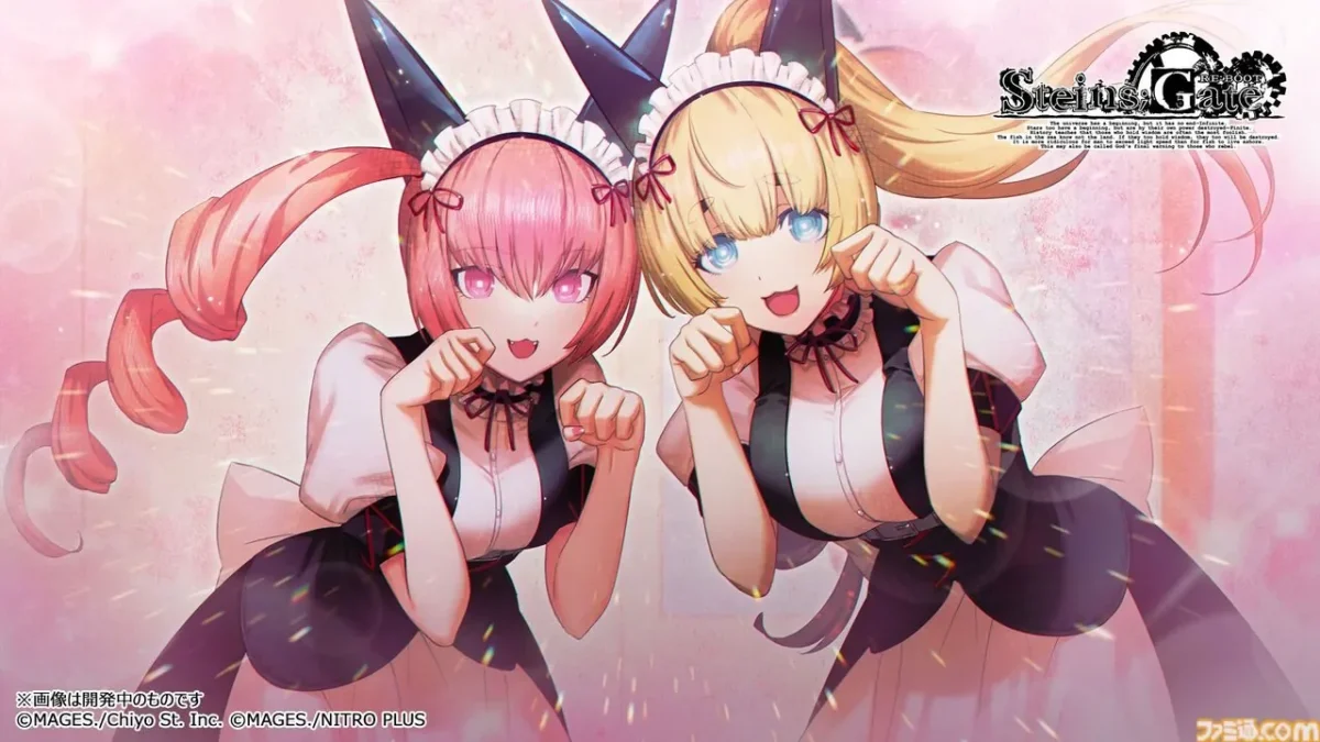Two characters, Faris NyanNyan (pink hair) and Mayuri Shiina (blonde hair), posing in Steins;Gate ReBoot nekomimi maid cosplay outfits.
