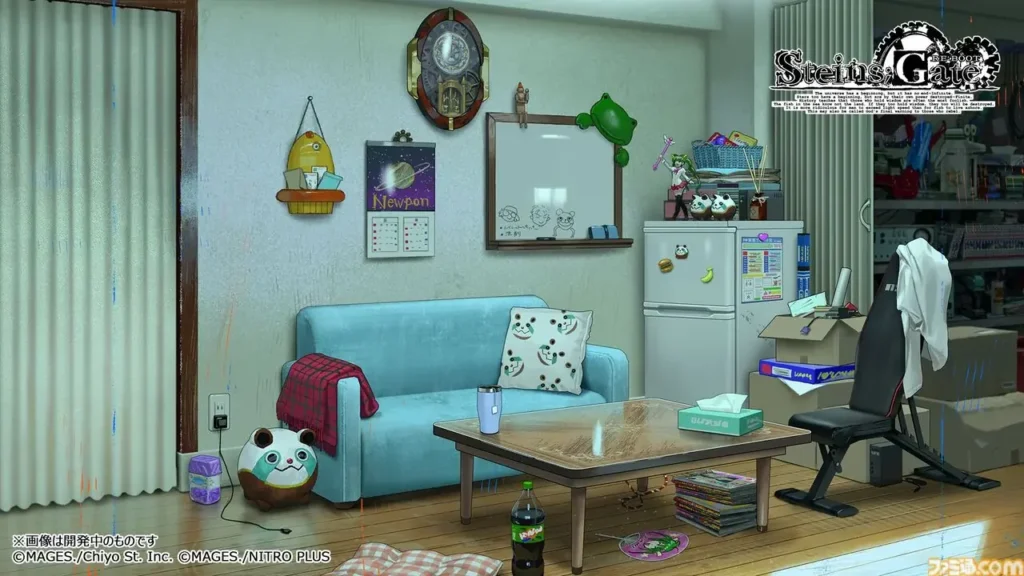 Steins;Gate ReBoot key art showing the Future Gadget Lab, featuring the blue couch, fridge, whiteboard, and iconic clock.