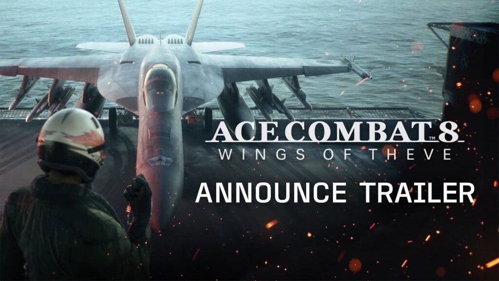 Announce trailer title screen for Ace Combat 8: Wings of Theve showing an F/A-18 on an aircraft carrier.