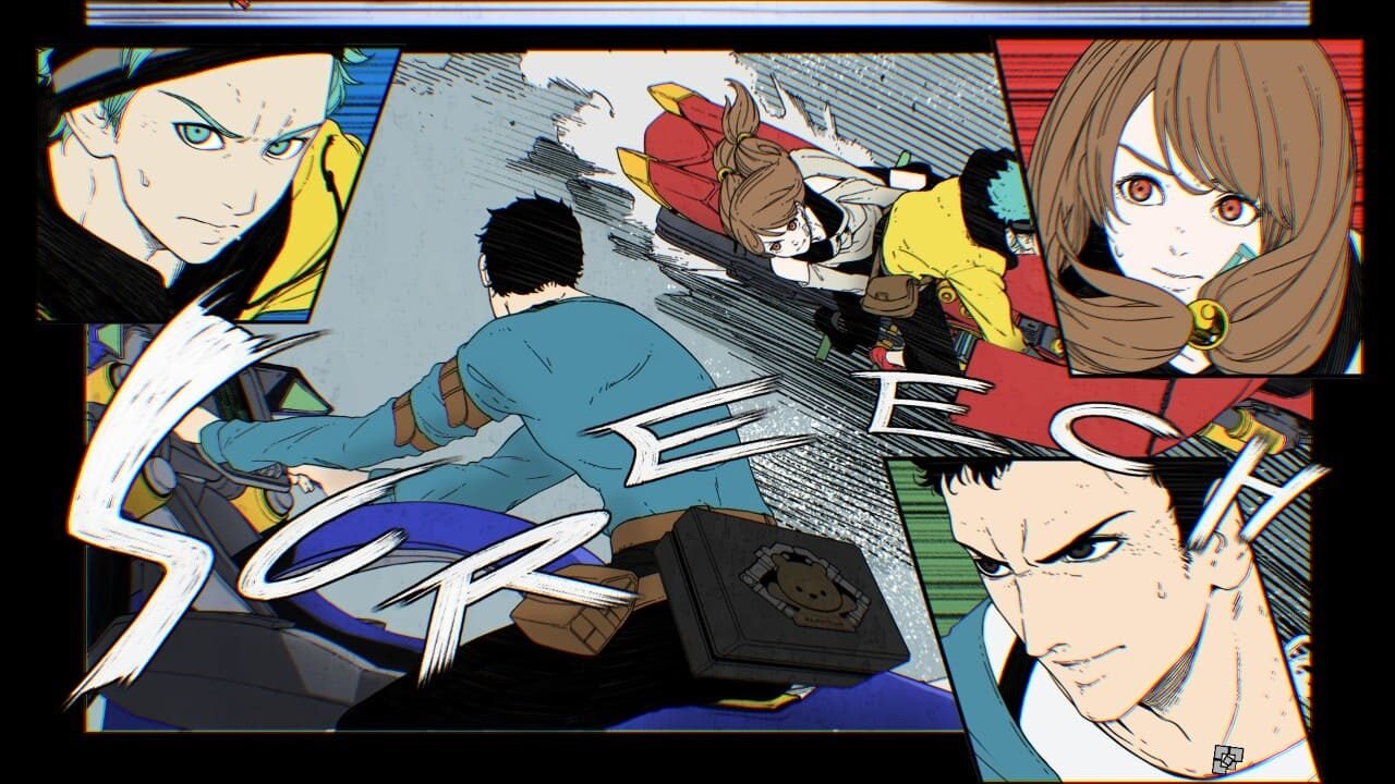 A dynamic comic book style panel showing Pollon on a motorcycle, with multiple character portraits and a large 'SCR E E C H' sound effect.