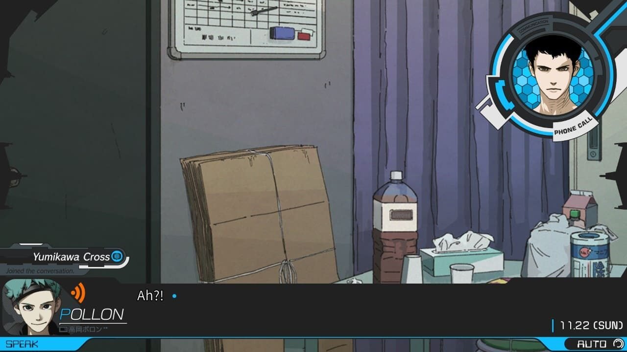 Dialogue screen from Anonymous;Code featuring the Auto-Mode option and Pollon on a call with Cross.