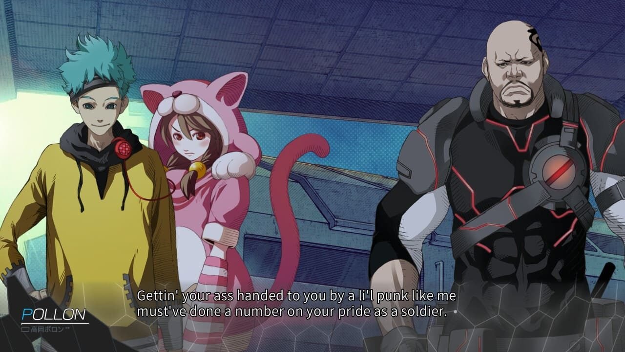 Dialogue scene from Anonymous;Code with protagonists Pollon and Momo facing a large soldier.