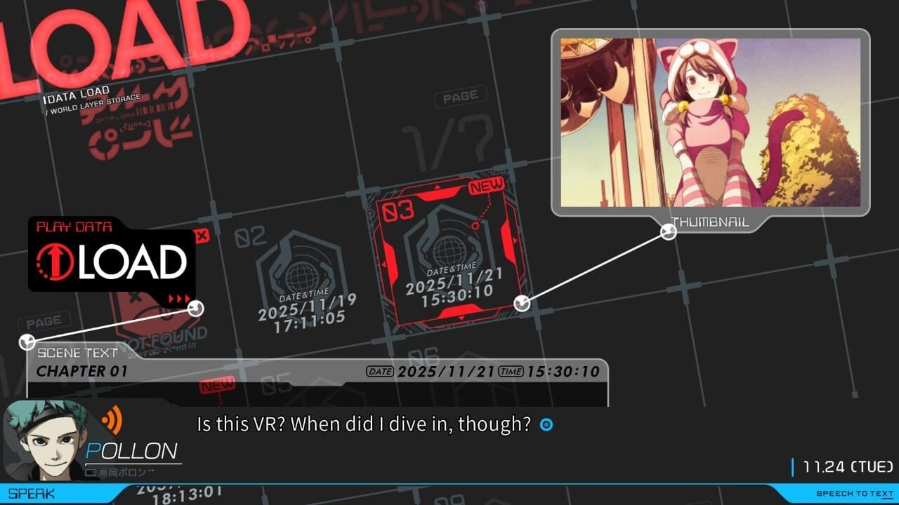 Load menu UI screen in Anonymous;Code displaying load slots and a thumbnail of Momo.