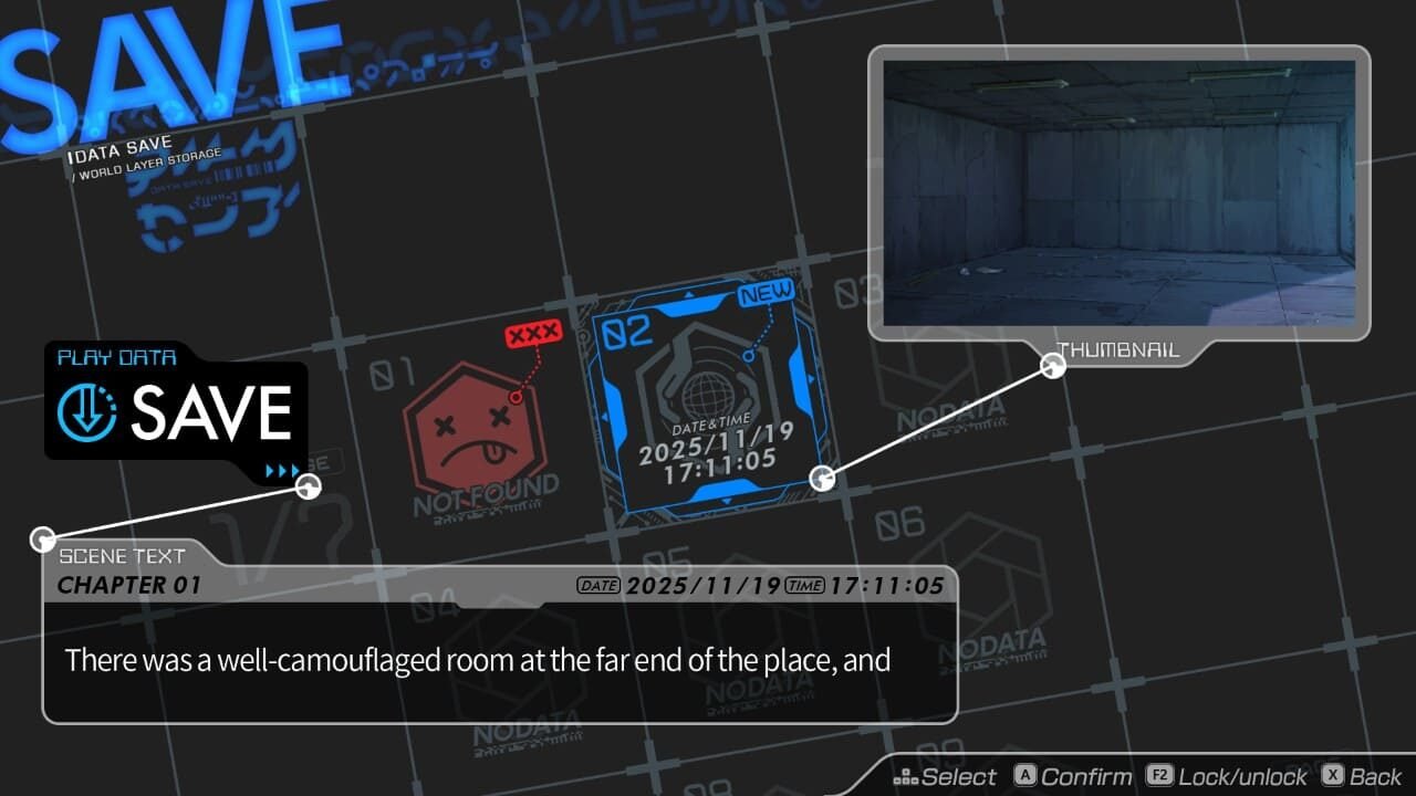 Save menu UI screen in Anonymous;Code displaying save slots and the Save button.