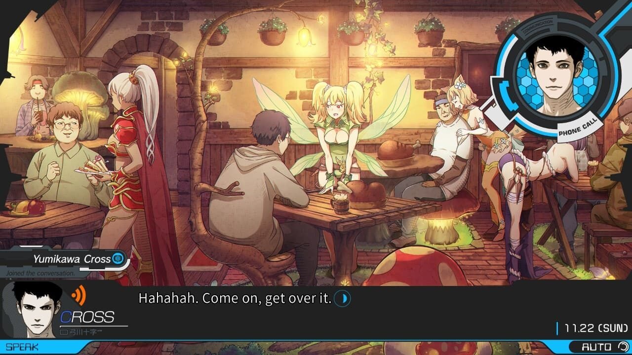 Scene from Anonymous;Code in the vibrant AR Cafe with a fairy girl and Cross on a phone call.