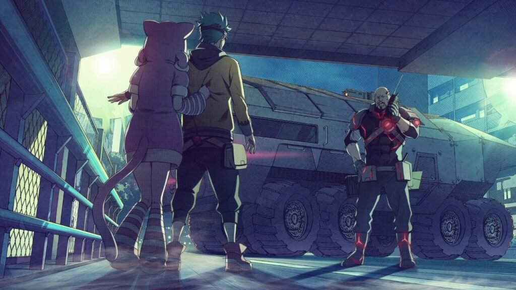 CGI scene from Anonymous;Code with Pollon, Momo, and a soldier guarding a massive truck.