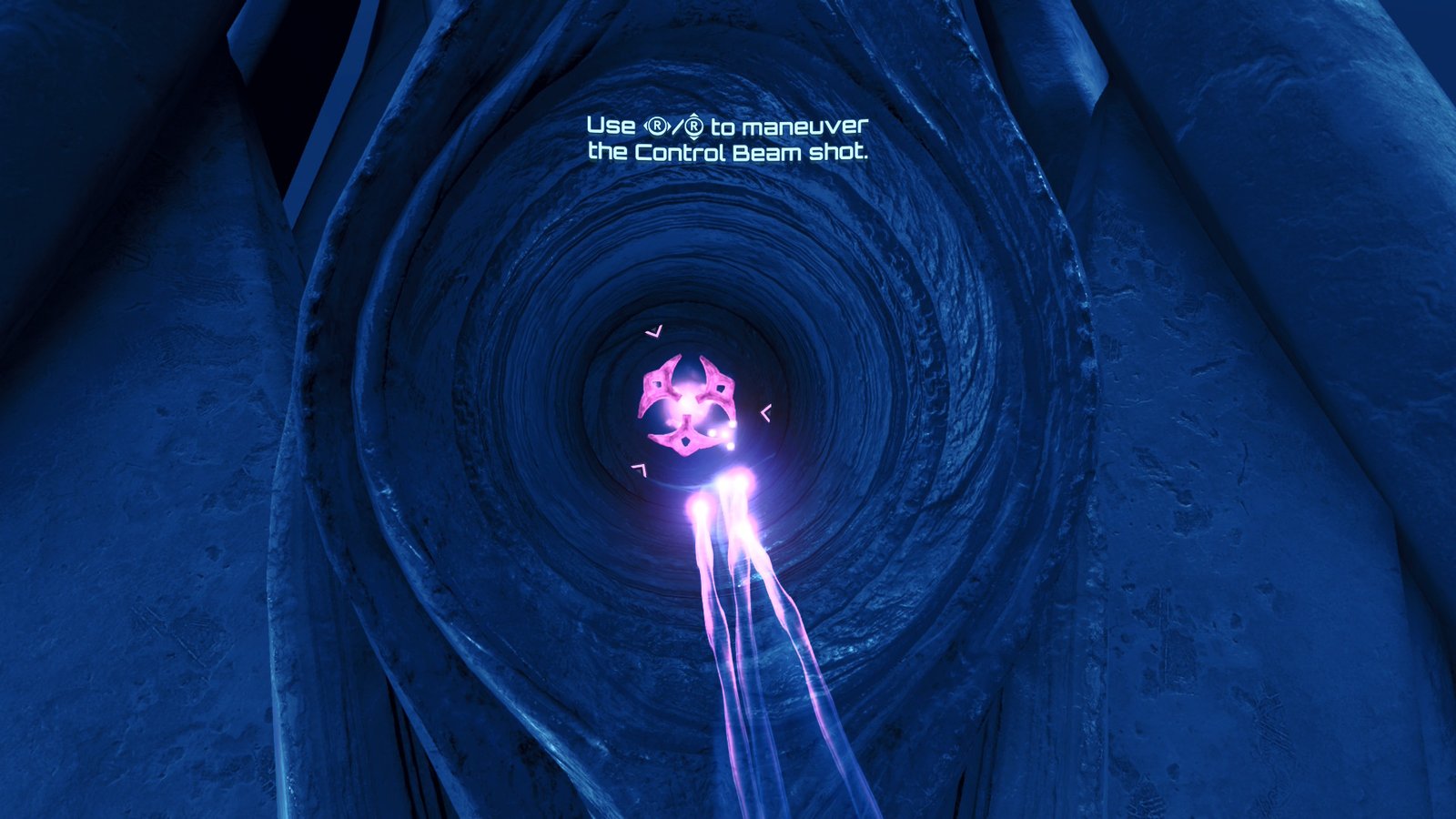 Samus Aran using the Control Beam to navigate a narrow circular tunnel.
