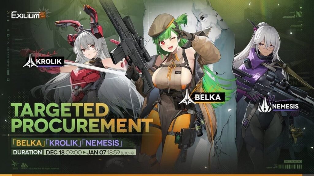 GFL2 Exilium Targeted Procurement gacha banner for Belka, Krolik, and Nemesis.
