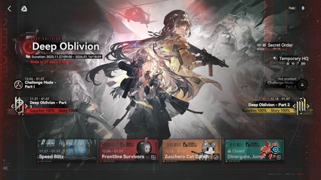 Girls' Frontline 2 Exilium Deep Oblivion Part 2 main menu screen with 100% completion on Part 1.