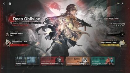 Girls' Frontline 2 Exilium Deep Oblivion Part 2 main menu screen with 100% completion on Part 1.
