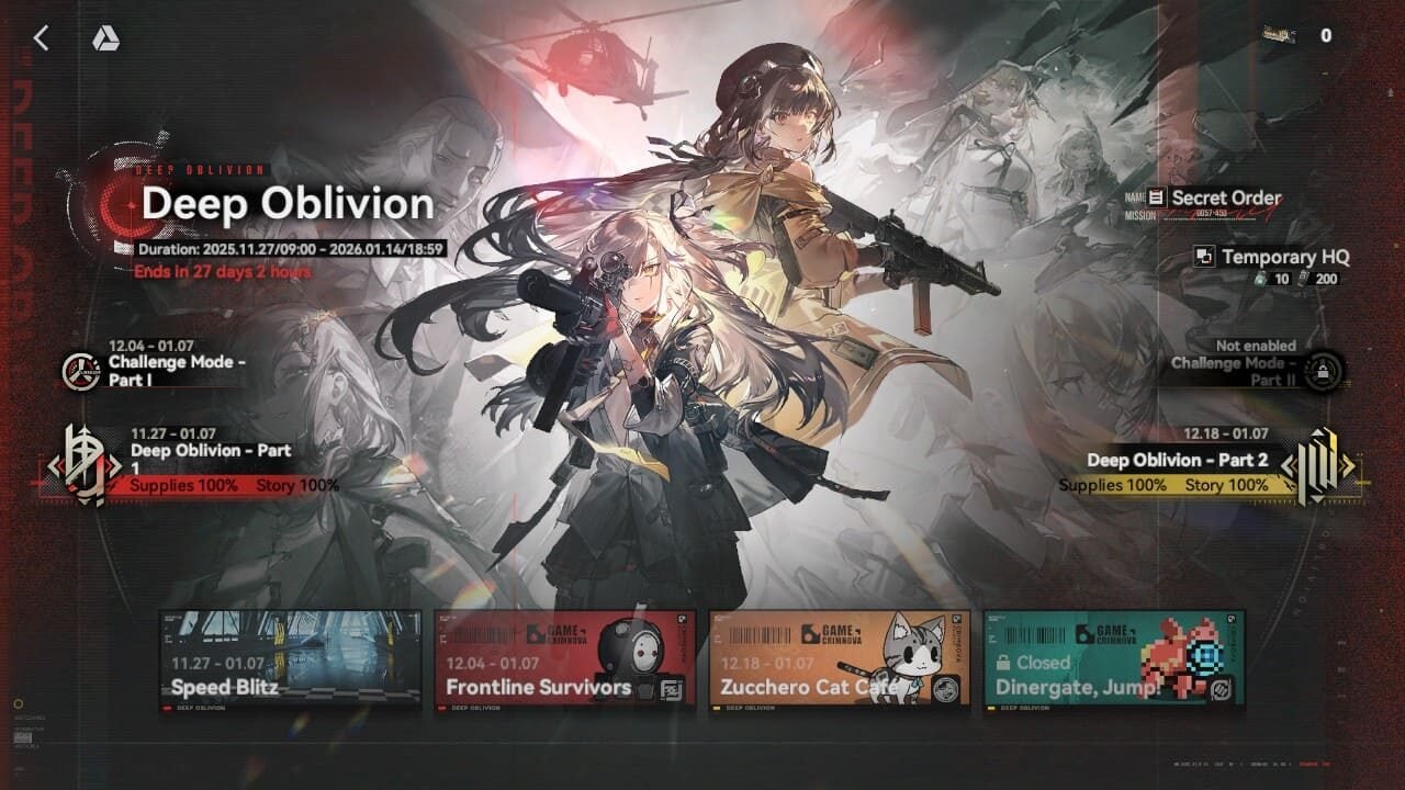 Girls' Frontline 2 Exilium Deep Oblivion Part 2 main menu screen with 100% completion on Part 1.