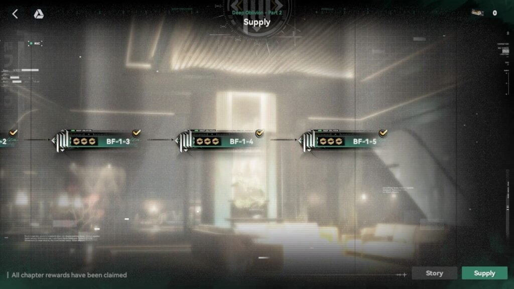 Tactical mission map for Deep Oblivion Part 2 showing nodes BZ-1-5 and BZ-1-6.