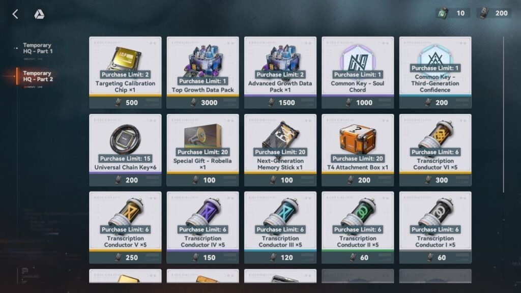 Deep Oblivion Part 2 Temporary HQ shop menu showing Soul Chord Common Keys and Top Growth Data Packs