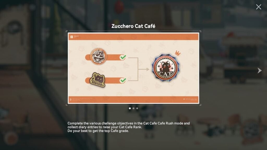 Zucchero Cat Café challenge objective screen in GFL2 Deep Oblivion Part 2 showing Cafe Rank and diary entry rewards.