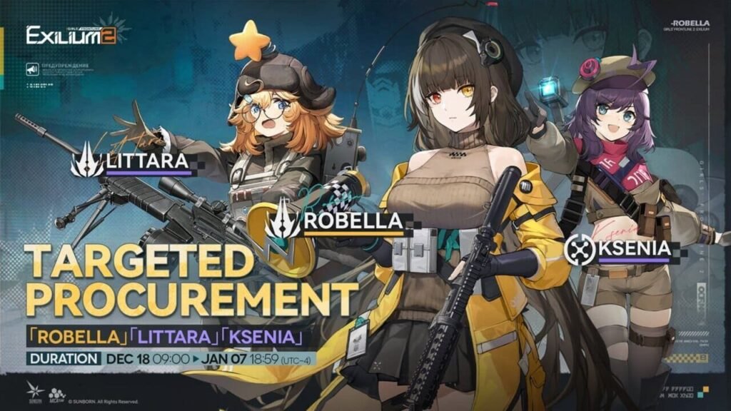 GFL2 Exilium Targeted Procurement gacha banner for Robella, Littara, and Ksenia.