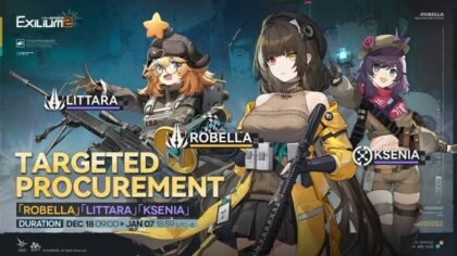 GFL2 Exilium Targeted Procurement gacha banner for Robella, Littara, and Ksenia.