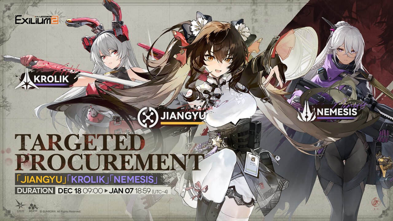 The Jiangyu, Krolik, and Nemesis targeted procurement rerun banner featured in the Robella GFL2 guide update.