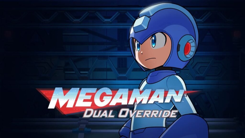 Key art showing the main character Mega Man in a dynamic pose for the game Mega Man Dual Override.