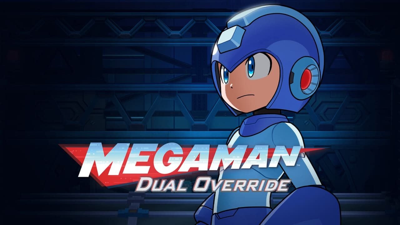 Key art showing the main character Mega Man in a dynamic pose for the game Mega Man Dual Override.
