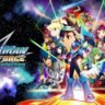 Key art showing Mega Man Star Force Legacy Collection characters Geo Stelar (Mega Man), Omega-Xis, Sonia, Harp Note, and the collection's logo against a space backdrop.