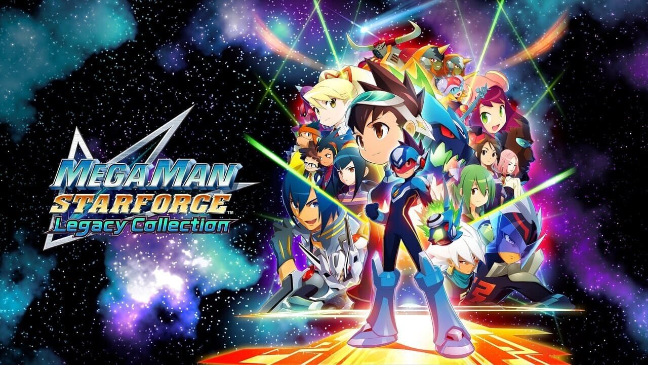Key art showing Mega Man Star Force Legacy Collection characters Geo Stelar (Mega Man), Omega-Xis, Sonia, Harp Note, and the collection's logo against a space backdrop.