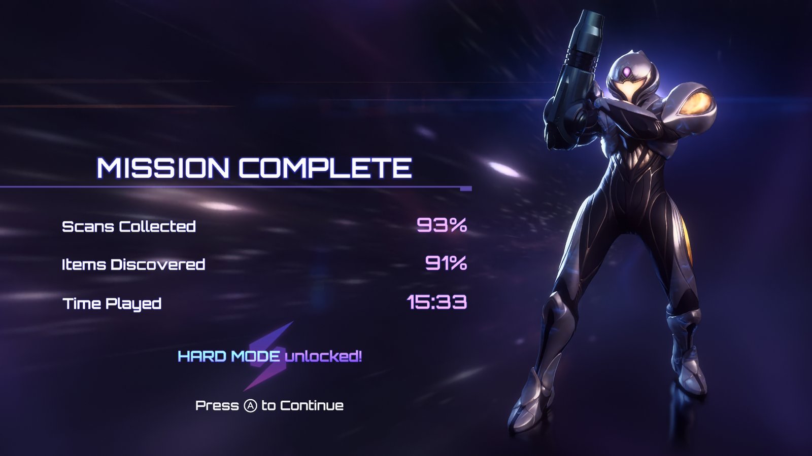 Metroid Prime 4: Beyond completion screen showing Samus in her Power Suit with scan and item percentages displayed