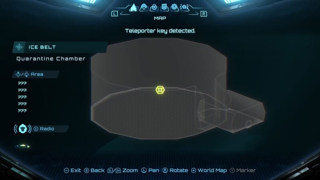 Metroid Prime 4: Beyond 3D map interface on Switch 2 showing the Ice Belt Quarantine Chamber and layered navigation paths